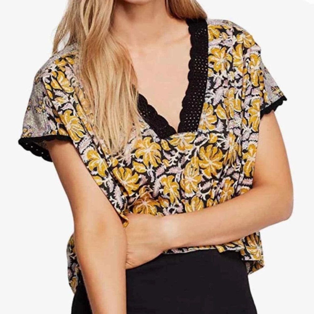 Free People Leilani Floral Mix Print Crochet V Neck Crop Top